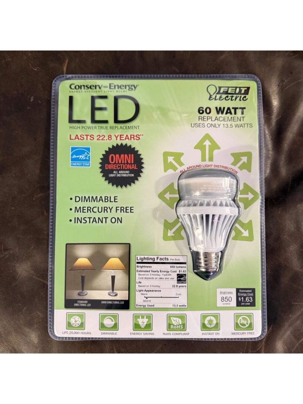 Feit Electric 60W LED Light Bulb Omni Directional Dimmable Mercury-Free & Energy